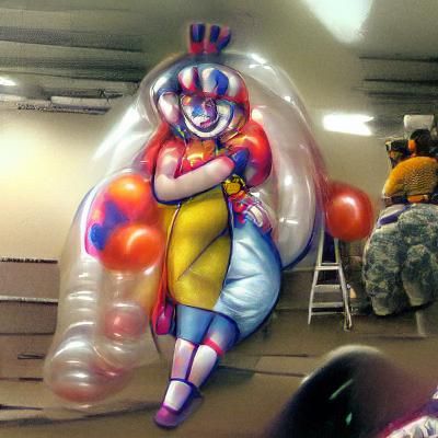 A cute clown woman inflating