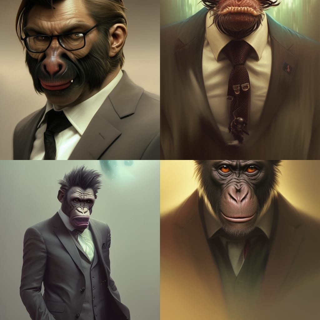 Ape in suit ,5D lighting,surreal fantasy art,detailed face,5...