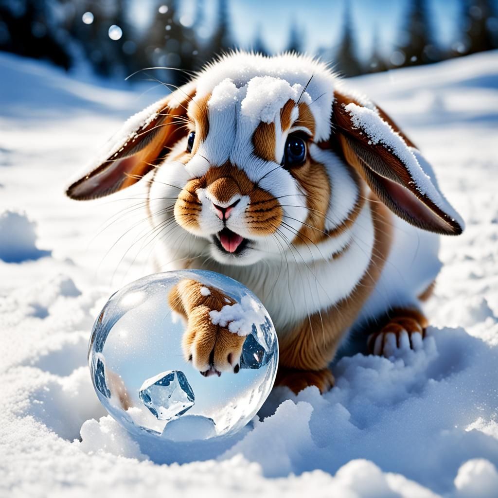 Cutest littel bunny playing in the snow with an ice ball - AI Generated ...