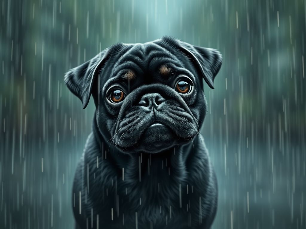 Black Pug in the Rain