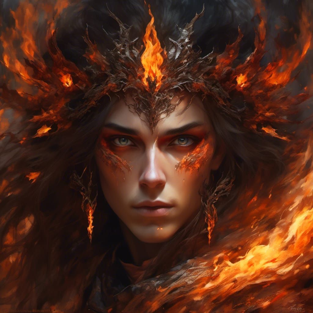 portrait of a fire mage eyes that is conjuring fire. eyes that shimmer ...