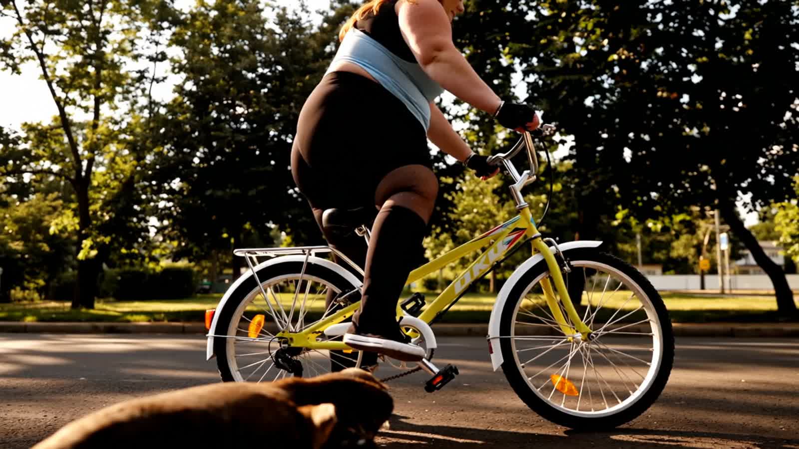 Woman sits on the bike.