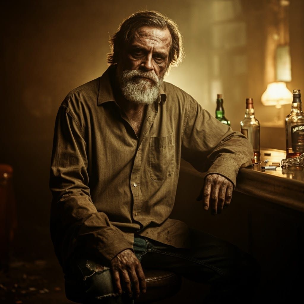 A Haunted Soul in a Dimly Lit Bar