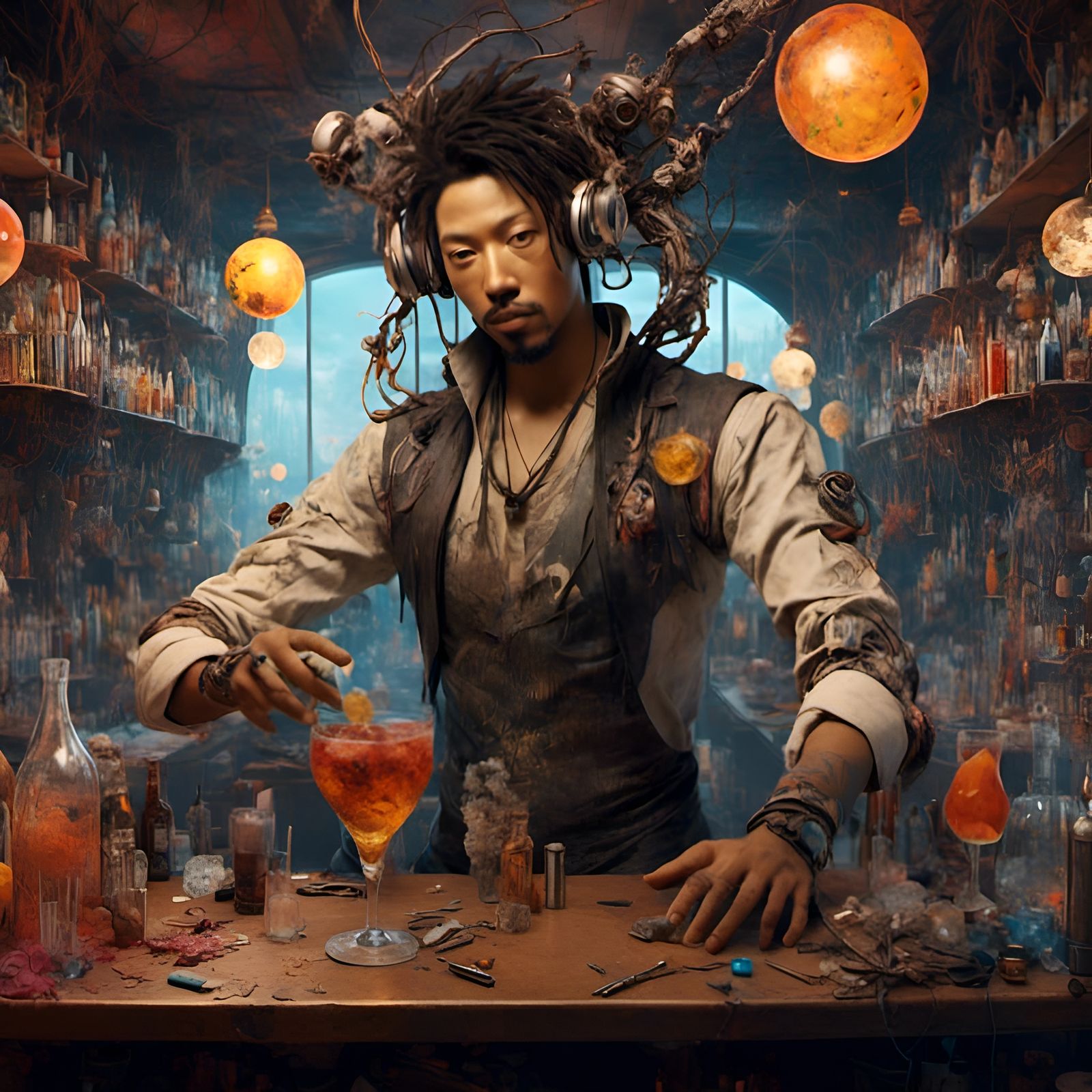 Cyborg bartender <lora:LapiJourney:1.0>