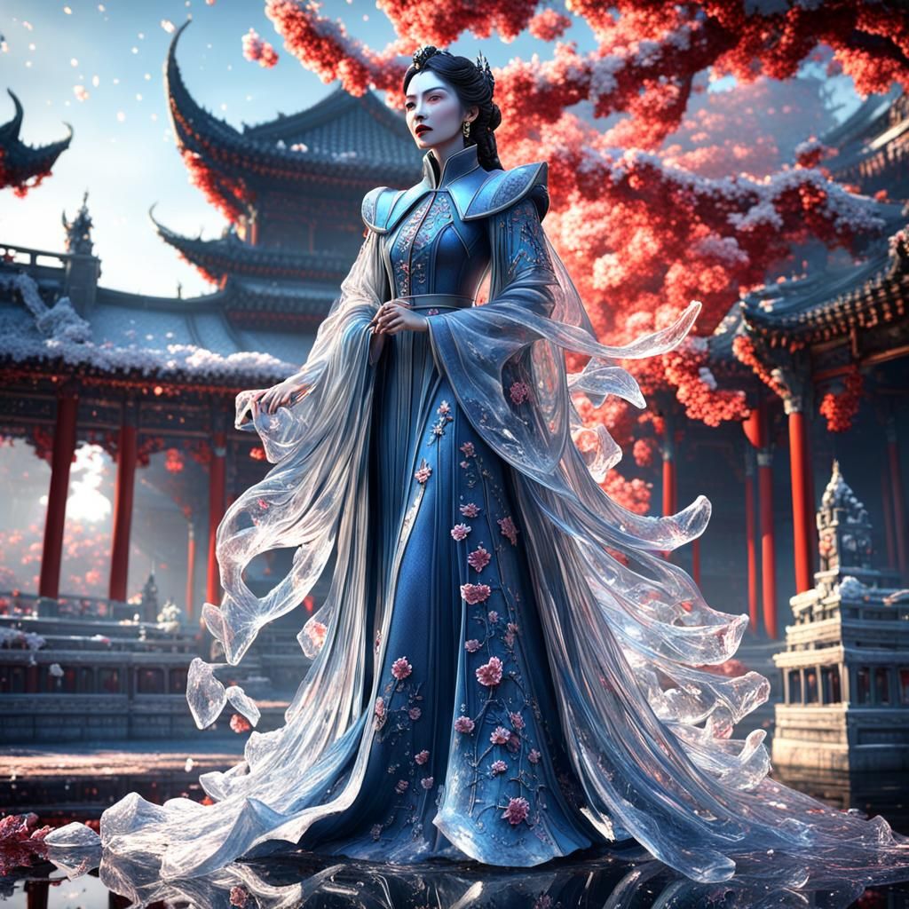 Ice Sculpture of a Vampire Woman Playing Guzheng