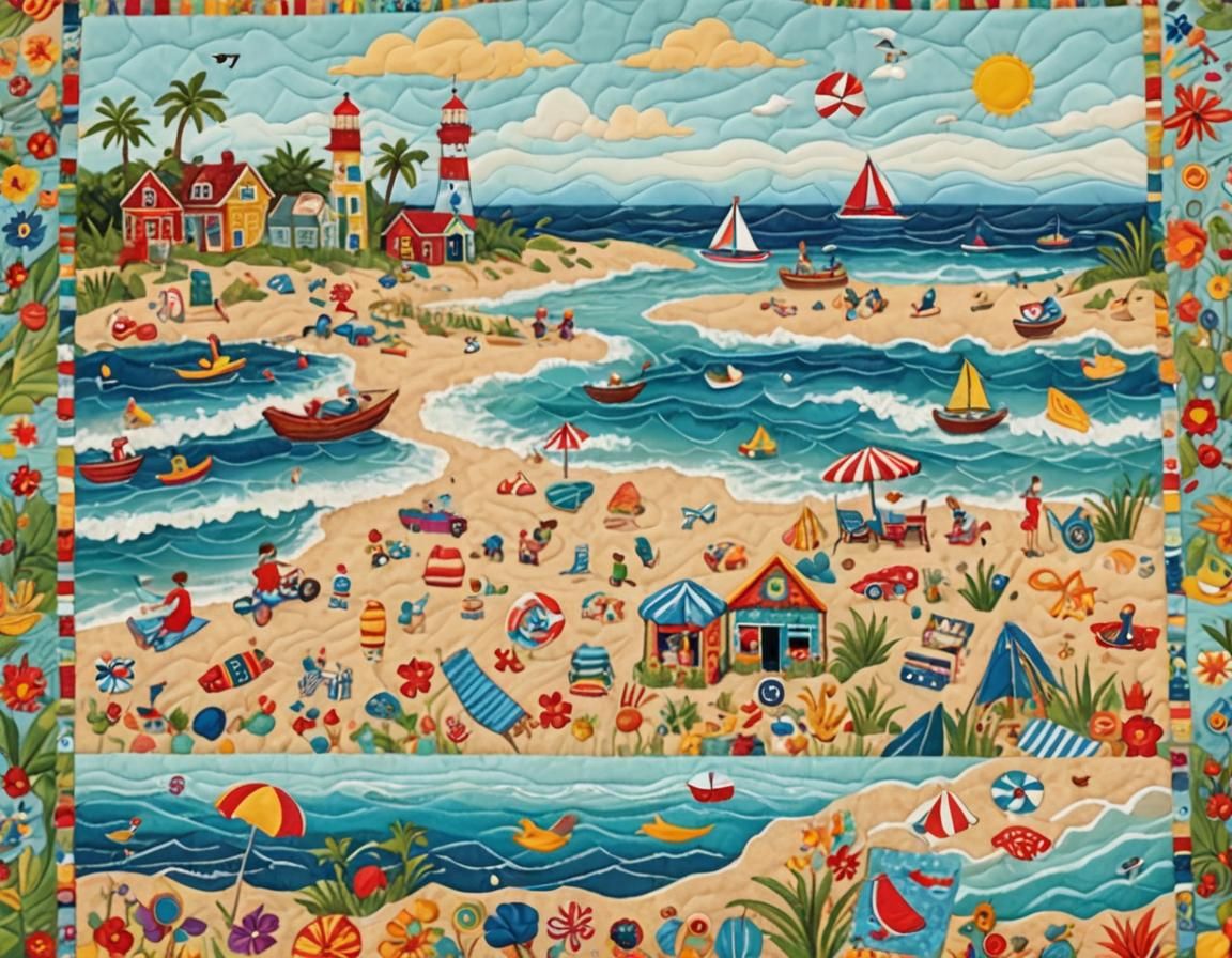 Quilting Beach Scene on Cotton Fabric AI Generated Artwork