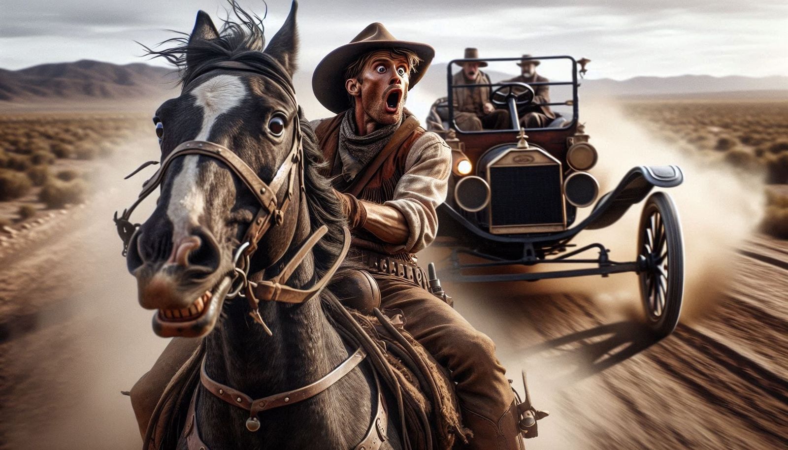 That Model T spooked him like a coyote in a chicken coop!