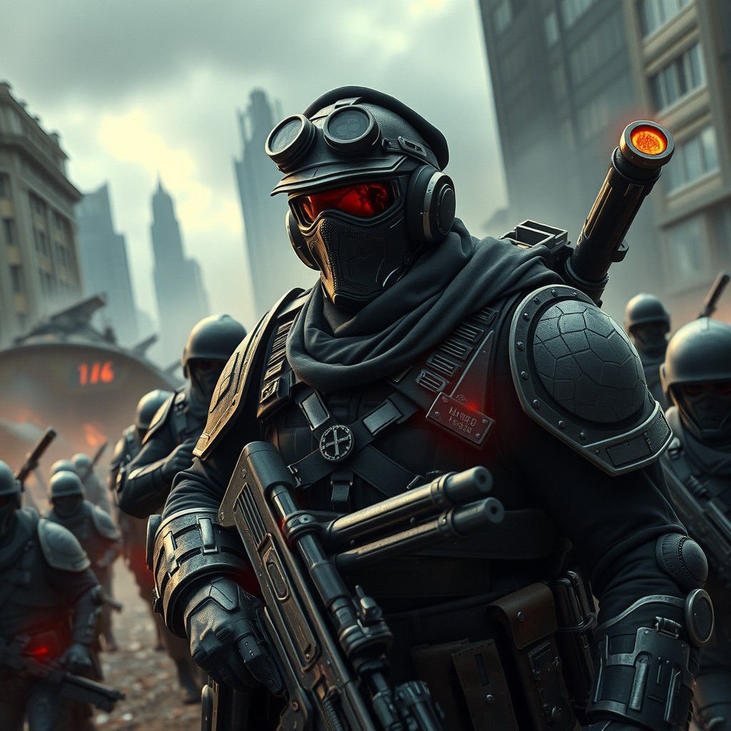 A high commander in waffenrock wearing goggles and newsie cap and a mask leading an army in power armor through a destroyed city 