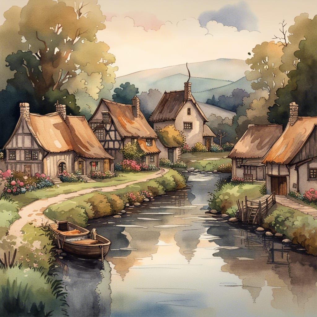 A small quaint rustic village by the river in the countryside. Farmhouses, storybook cottages, cottagecore ...  by @amyrytea
