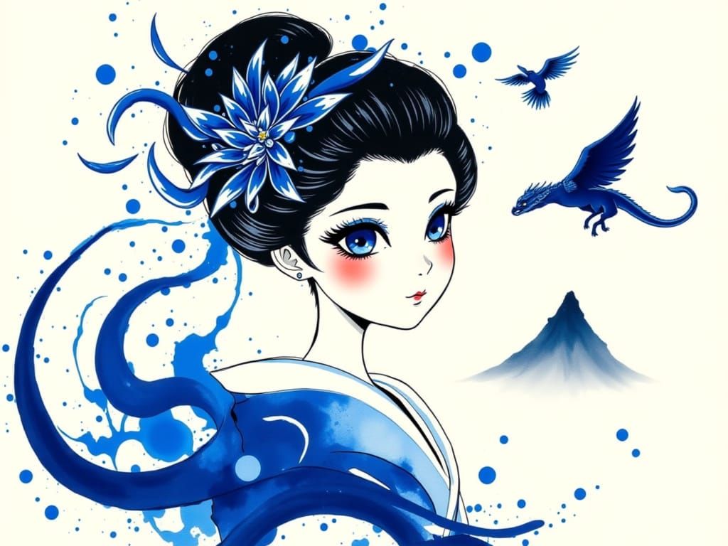Geisha with Massive Indigo Kanzashi Dragon

    "A whimsical Sumi-e style geisha with bold indigo eyes and a matching indigo splash, featuri...