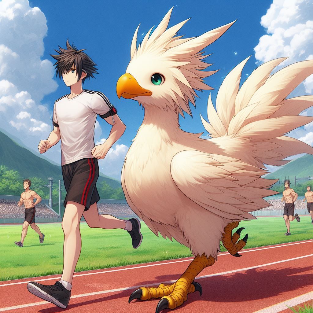 Chocobos and humans running together