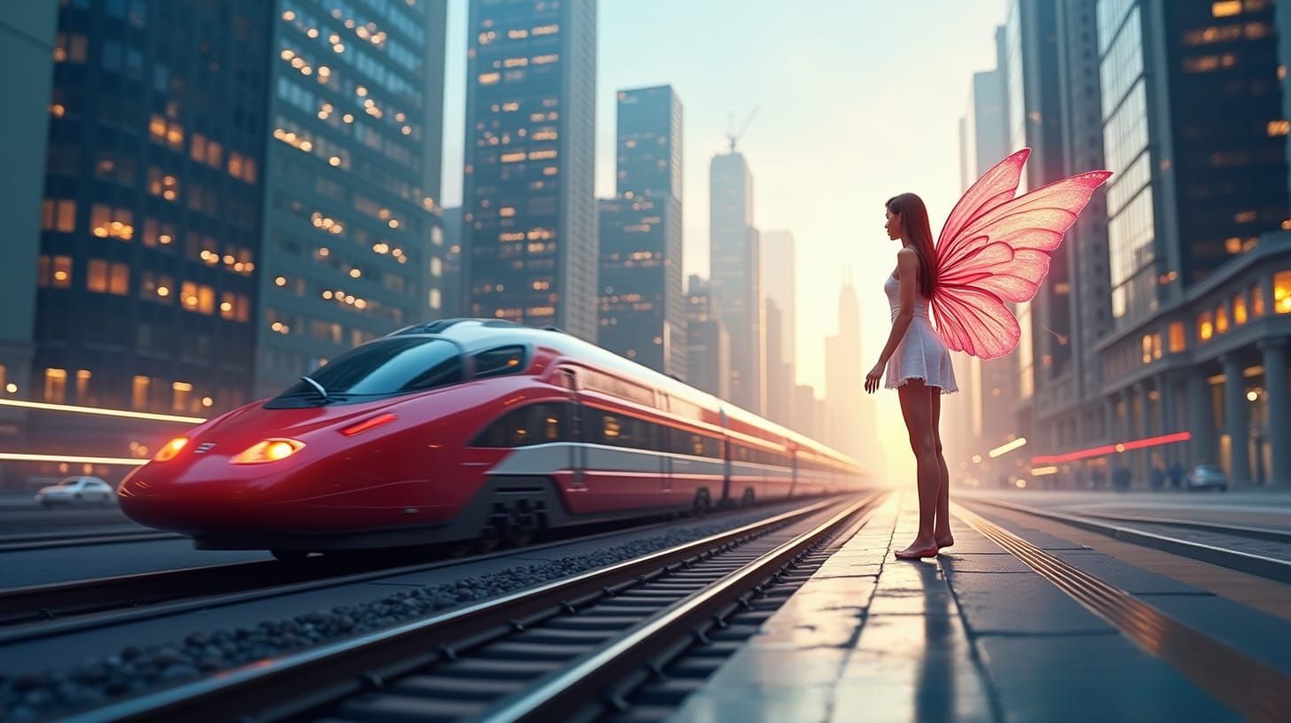 focus on city landscape, bullet train running between high r...