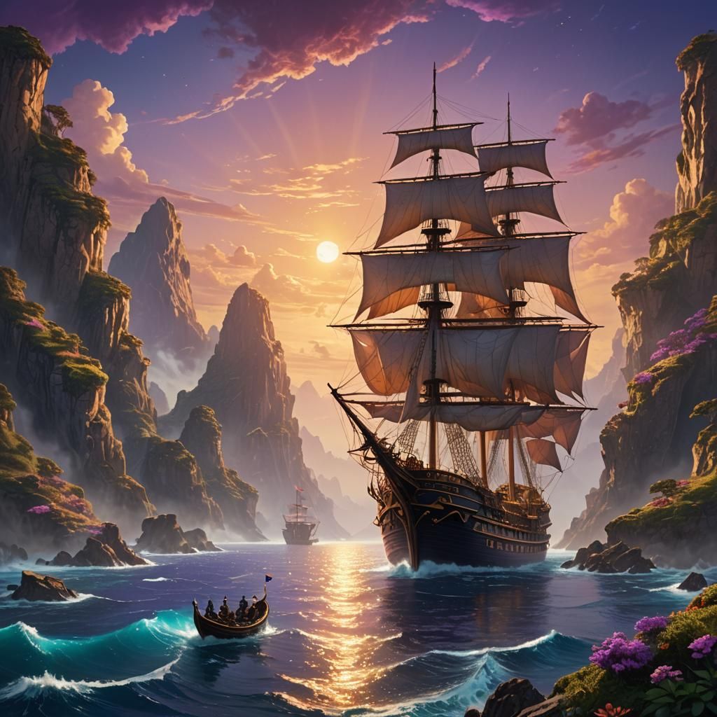 Majestic Ship Sails Through Mystical Archipelago