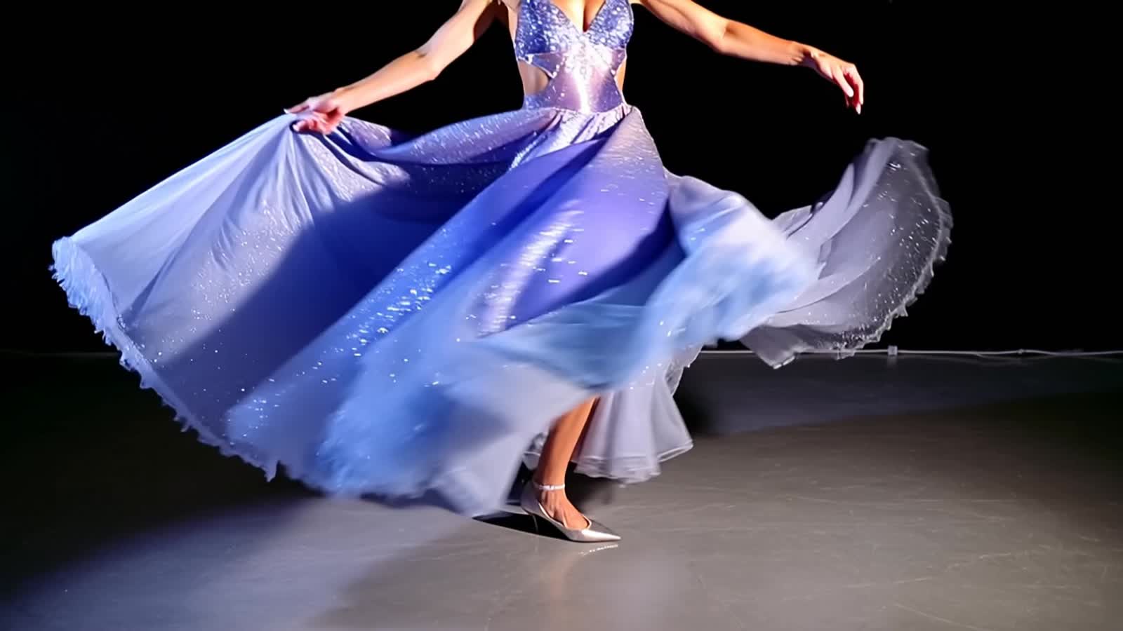 stunning woman in a flowing, iridescent dress designed for dancing, captured mid-twirl. The fabric ripples like water, c...