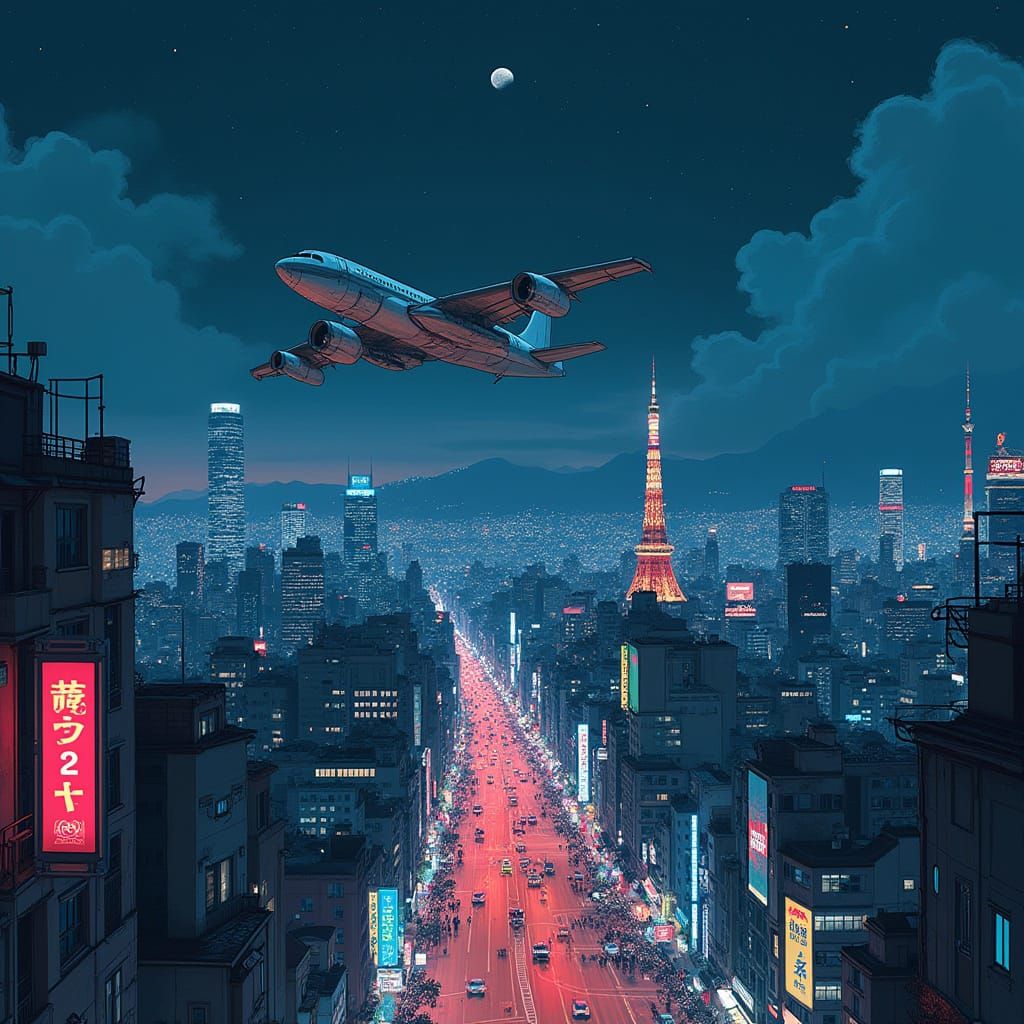 Airplane Soaring Above Tokyo at Night in Stylized Illustrati...