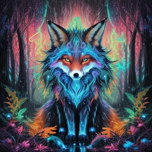 (Hyper detailed artwork of a magical fox spirit in a bioluminescence ...