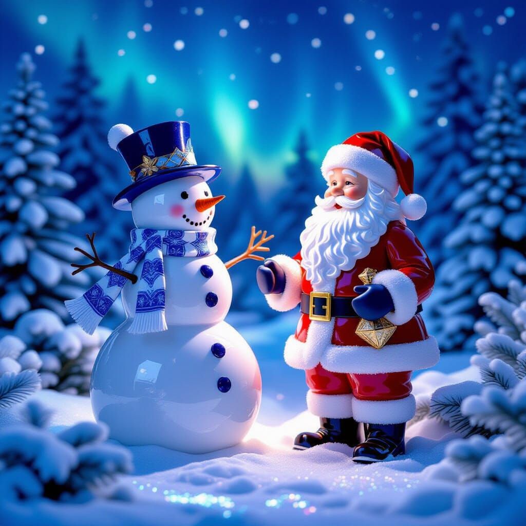 Porcelain Snowman and Crystal Santa in Ethereal Moonlight