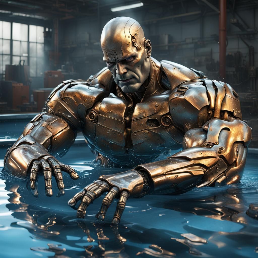 Muscle daddy robot laying on pool of melted metal, bodybuild...