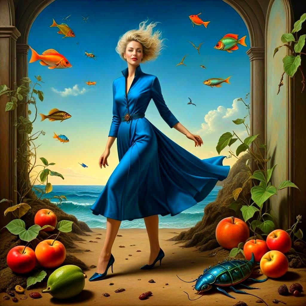 Surreal Portrait of a Happy Lady in Elegant Attire