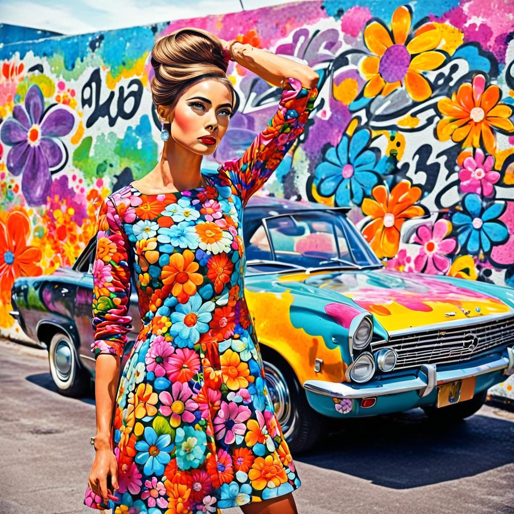 60's woman with flower dress in front of her car - AI Generated Artwork ...