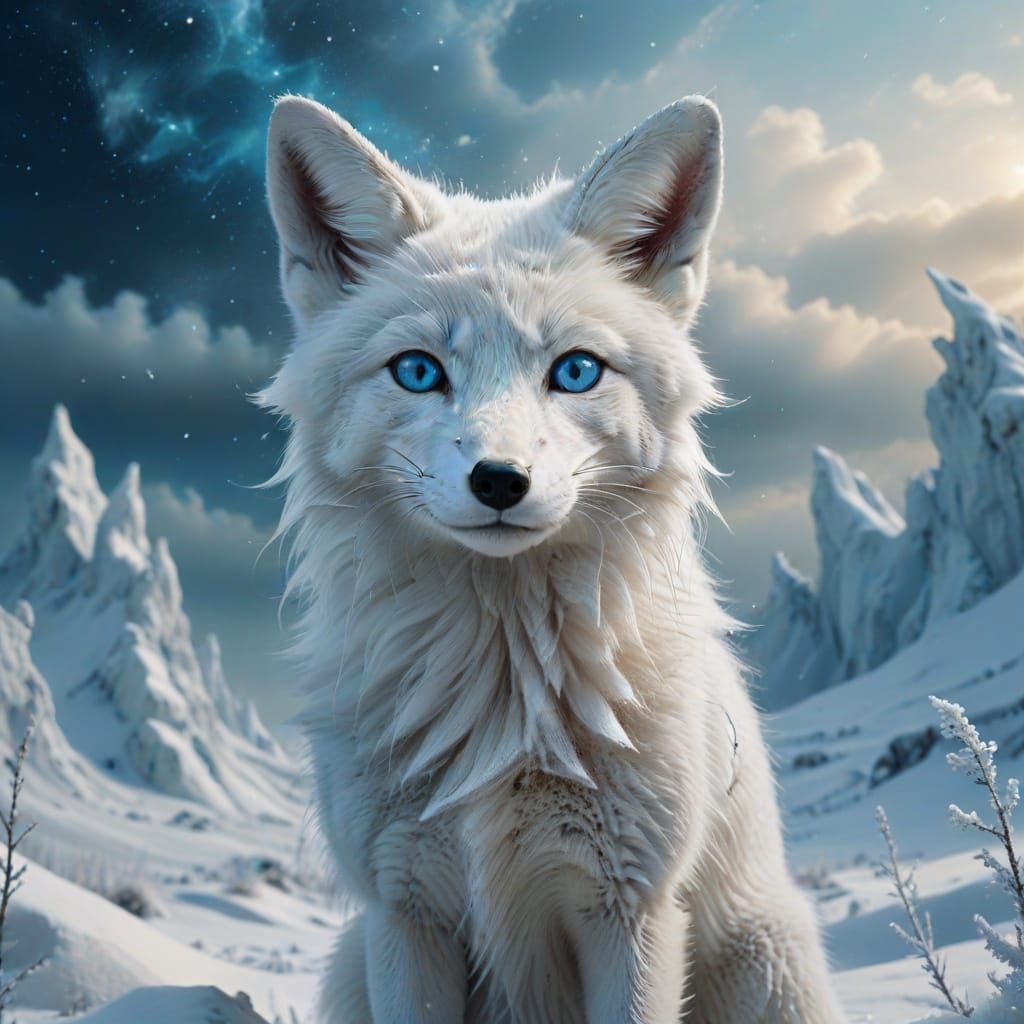 White Fox with Blue Eyes on Snow