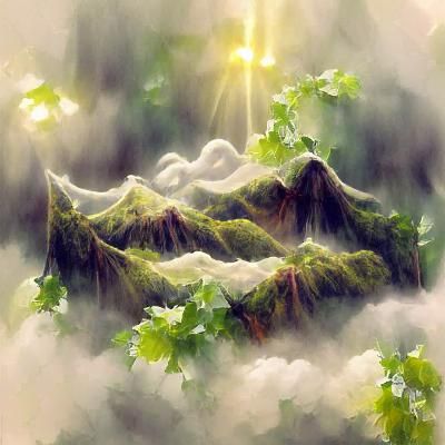 misty mountains, covered in moss and vines