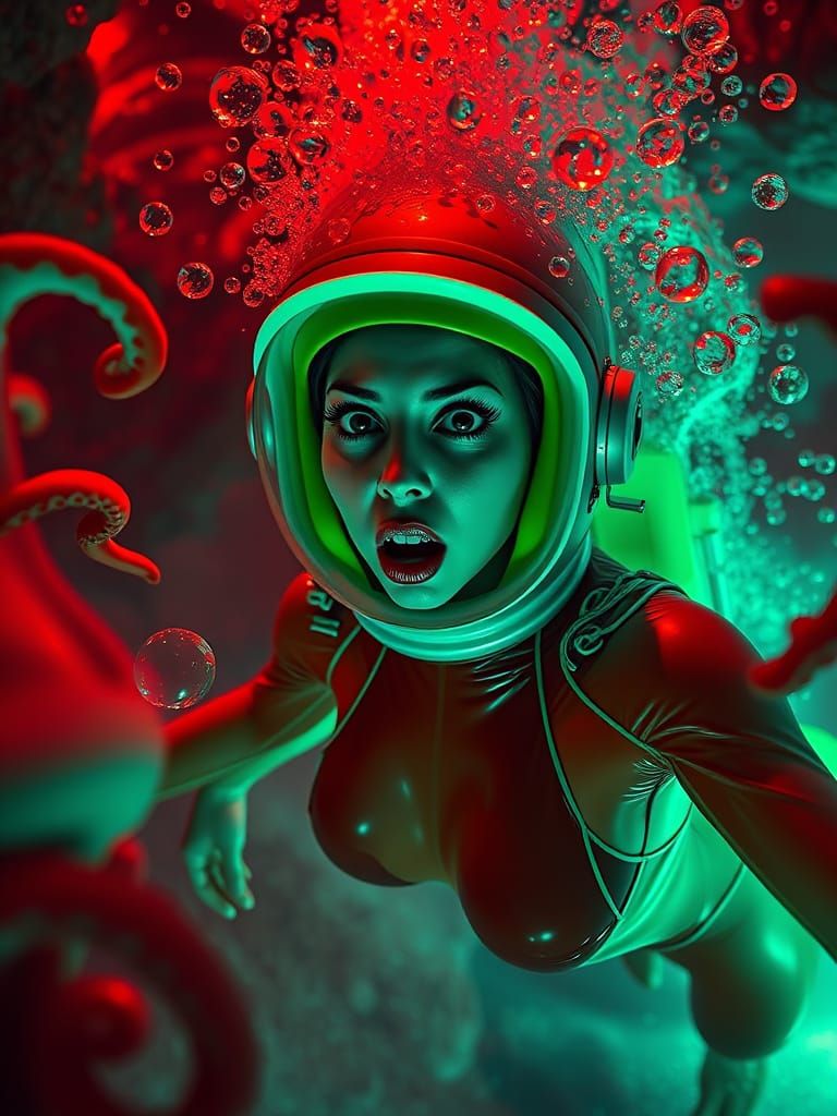Retro-Futuristic Woman in Slime Cavern, Sci-Fi Scene