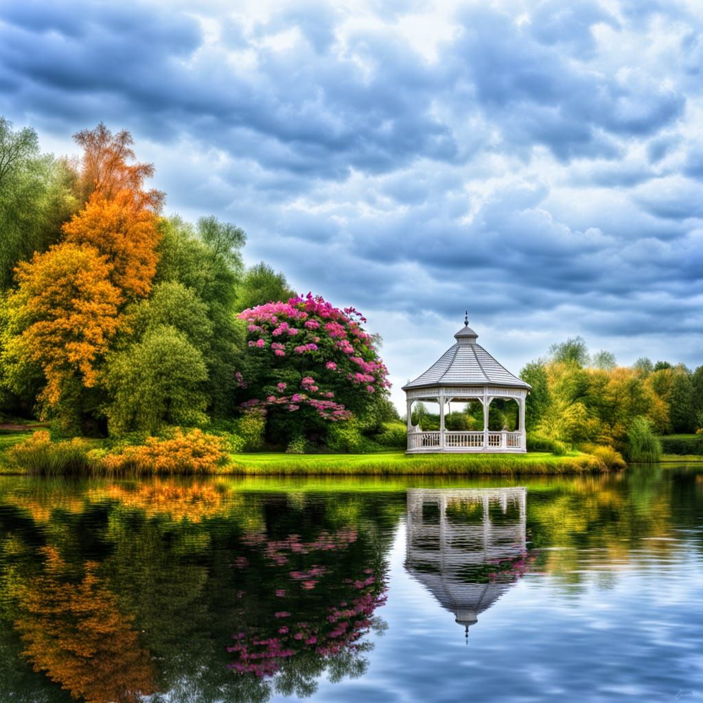 A white gazebo on a lake with trees and flowers. Intricate details, HDR, beautifully shot, hyperrealistic, sharp focus, 64 megapixels, perfe...