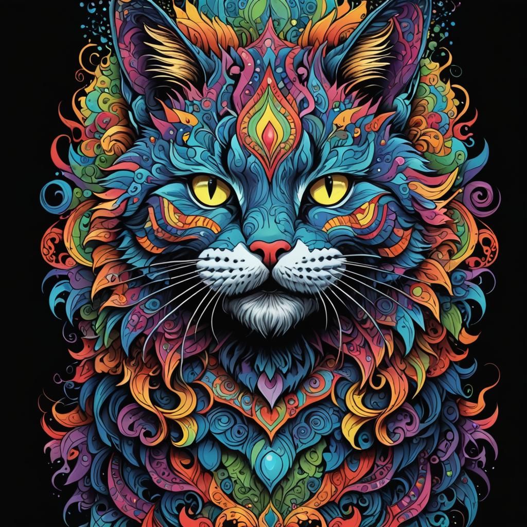 (Hyper detailed portrait of a crazy grinning cat in psychedelic strong ...