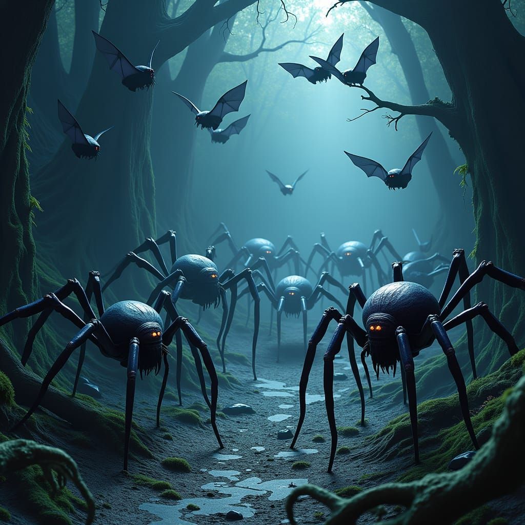 Eerie Gathering of Spiders and Bats in Biomechanical Style