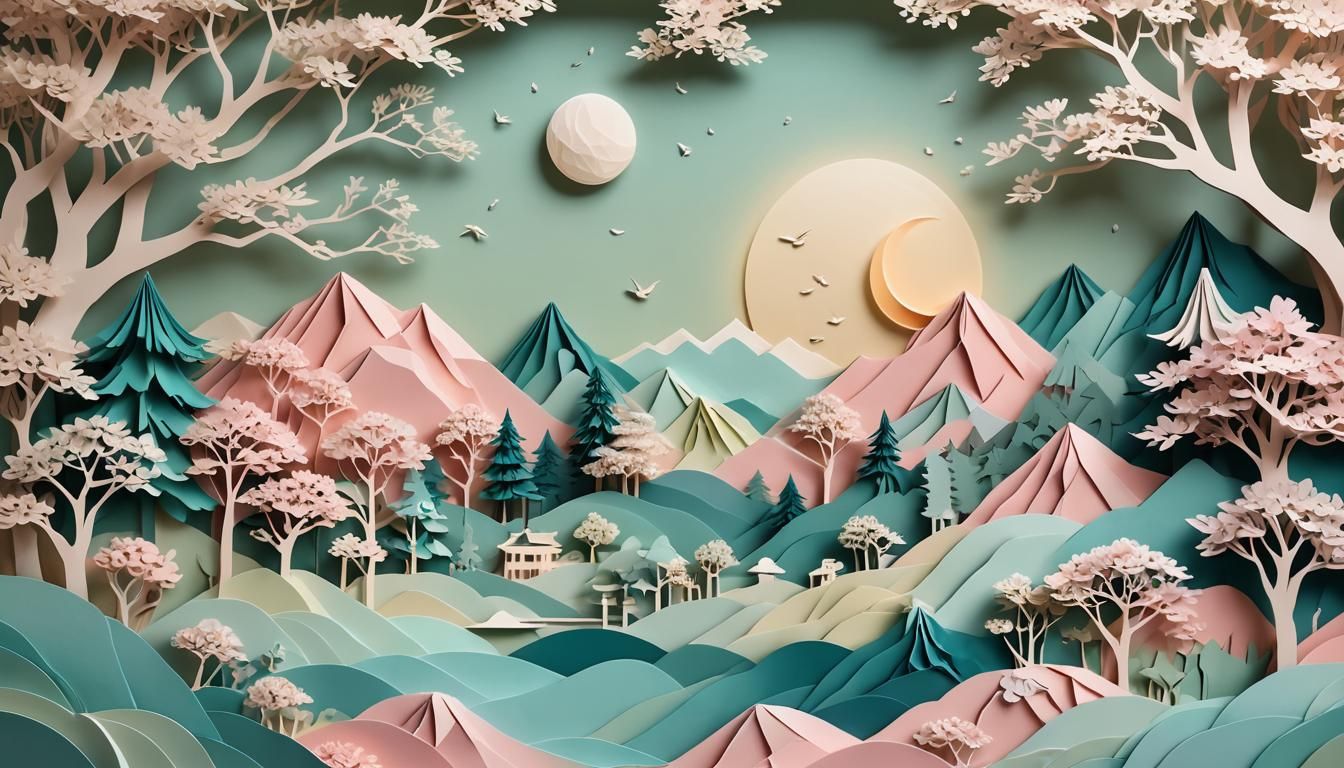 layered paper cut art asian landscape with the moon , pastel...