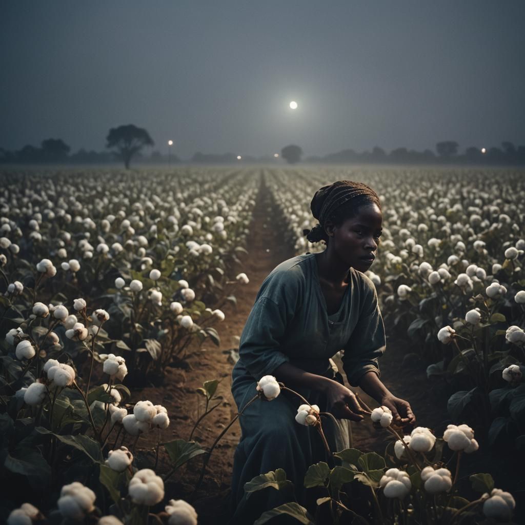 A early 20's African woman working alone in a dark, cotton field at night with fog no person, with no moon