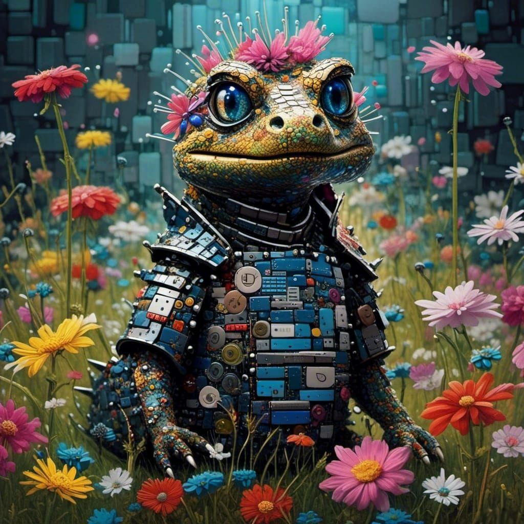 <lora:Circuitous:1.0> surreal masterpiece! Samurai lizard strong expression Chibi alligator in Samurai armor suit in flower meadow! Blue eye...