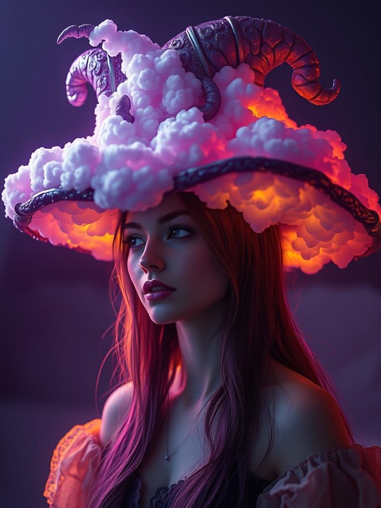 A mysterious woman wearing a whimsical hat shaped from floating clouds  by @Ima