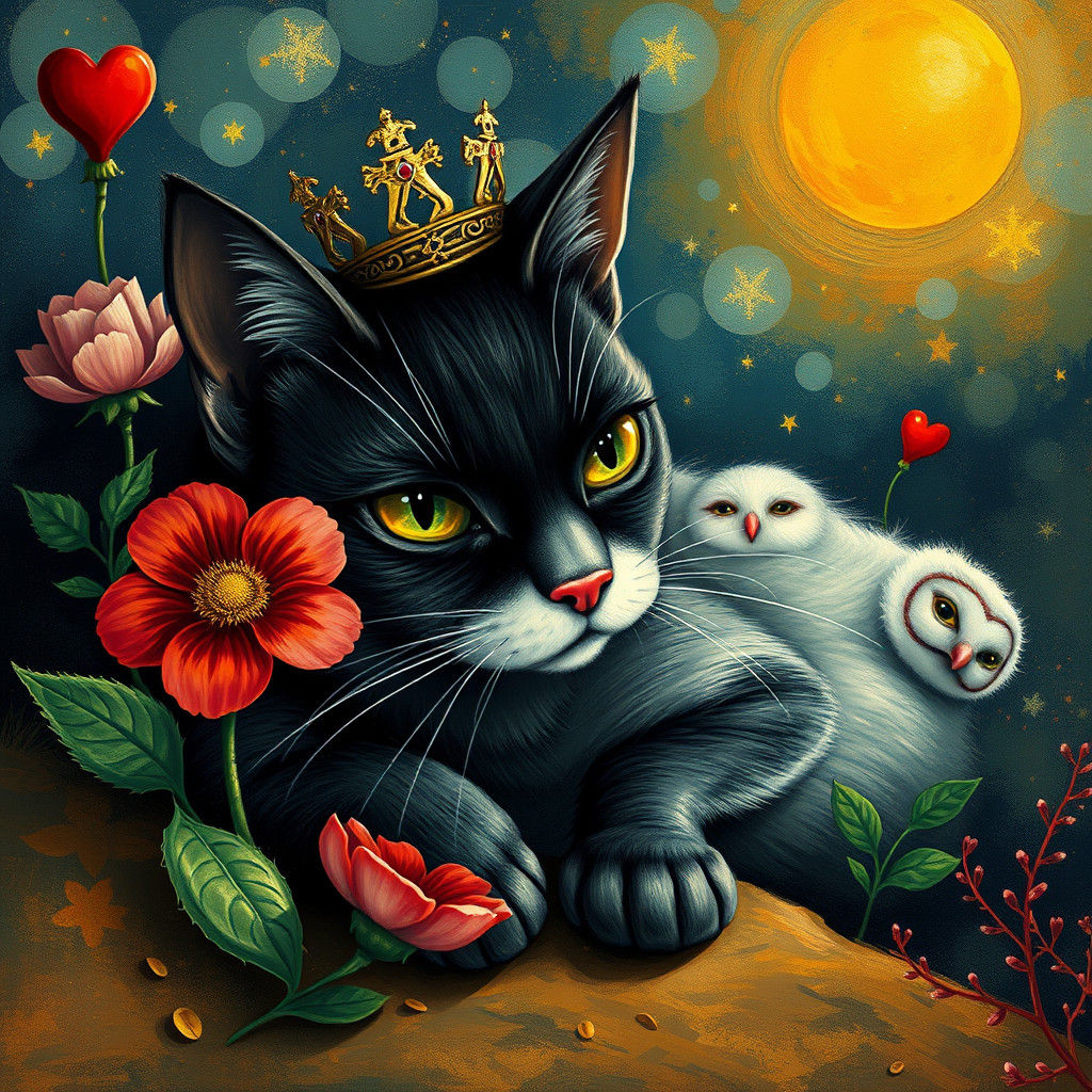 in the style of joan miro
Imagine a dead cat, a bit eerie, w...