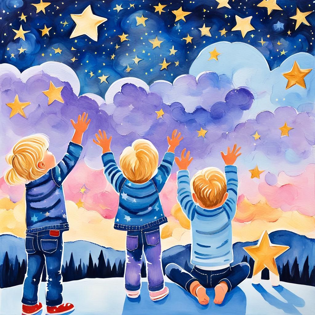 Children Touching Stars in Whimsical Gouache Painting