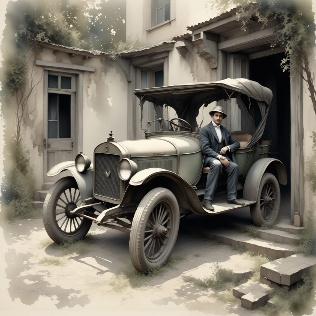 "My Wife Says at Least A Horse Knows Better than to knock down the door and walk into the house, women?"

<lora:Light and Lace-Flux:1.0> <lora:Antique Watercolor 2:1.0> An antique black and white photograph depicting a vintage car and a man. The ...