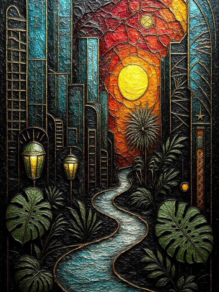 An abstract cityscape composed entirely of shattered stained glass, reflecting a myriad of colors in a kaleidoscope effect. Buildings twist ...