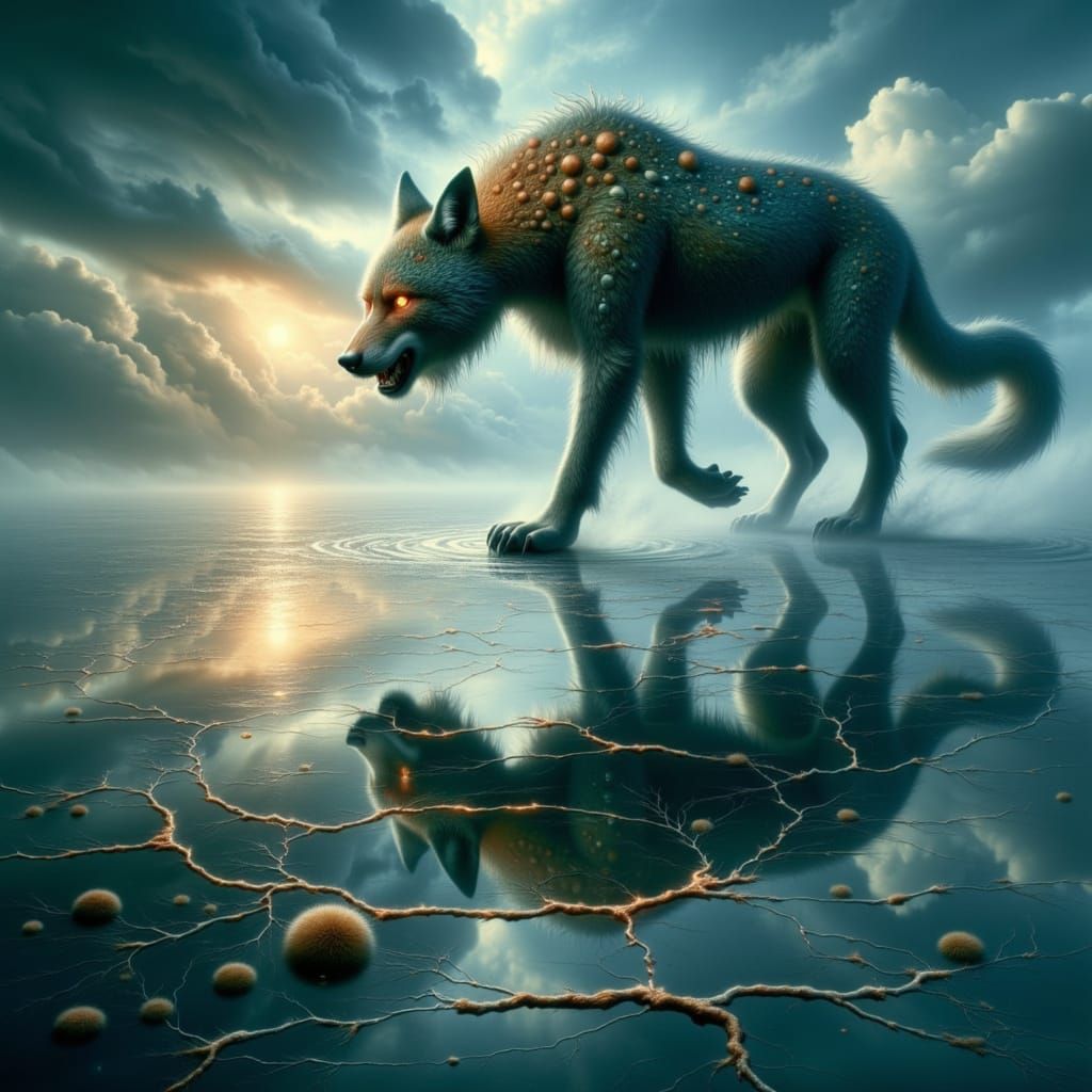 A zoomorphic volva standing on a frozen mirror-like lake under a stormy sky, her reflection shows her inner animal form, cracked glowing run...