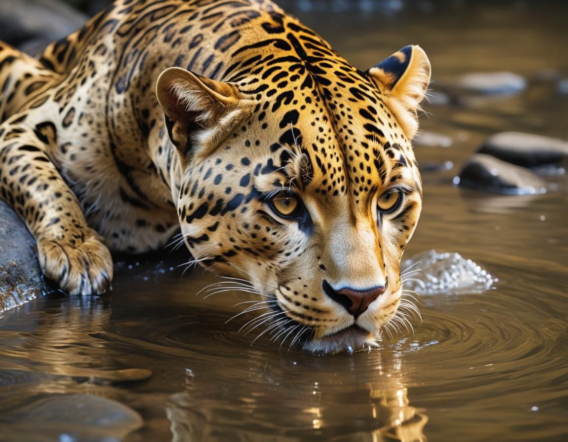 panther drinking from a river