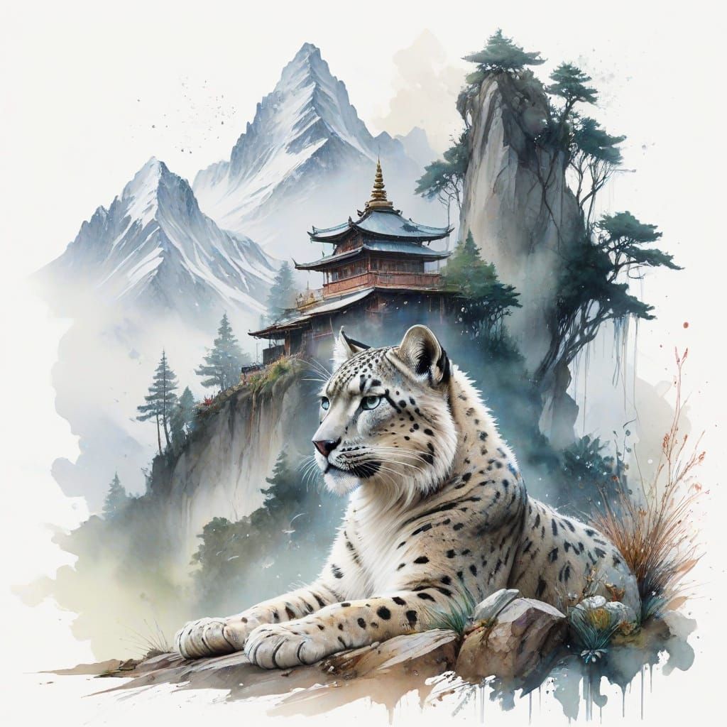 A serene Himalayan temple surrounded by mist, snow leopard resting nearby.  by @Kosh