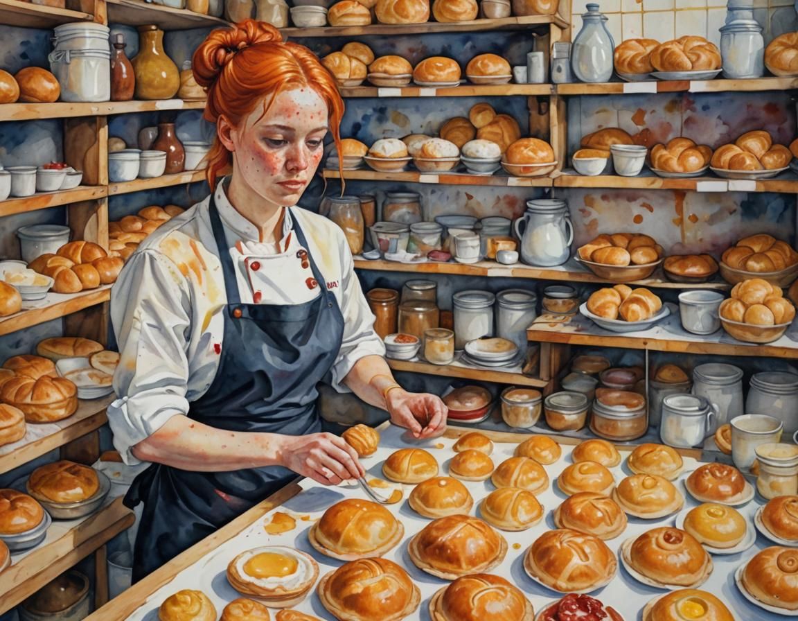 Chef with Orange Hair Making Sweets in Watercolor