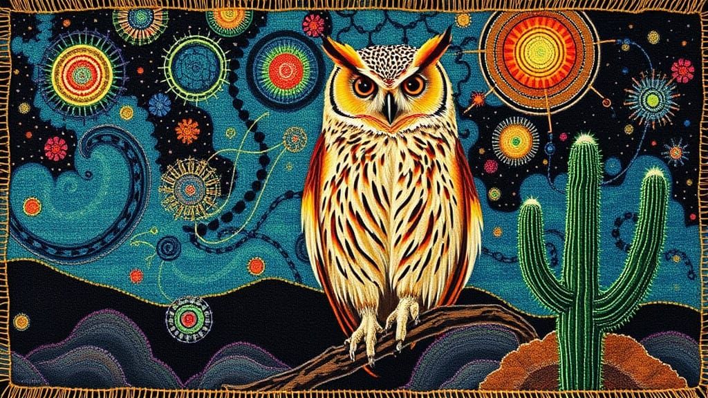 Woven Tapestry Surrealism, Owl, bioluminiscent Neural Network, Cactus, Banksy, Klimt.