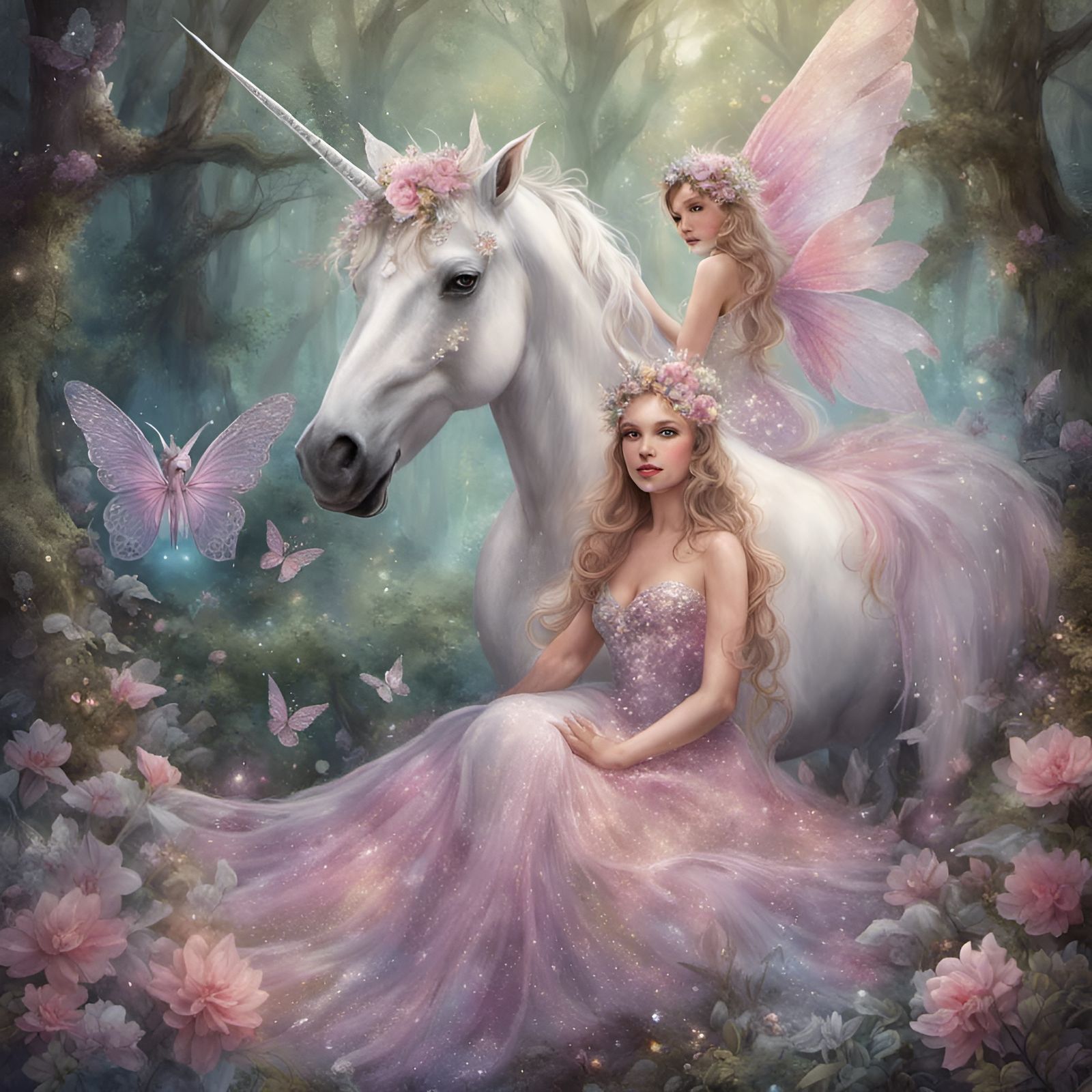 A unicorn with two beautiful fairies dressed in pink gossame...
