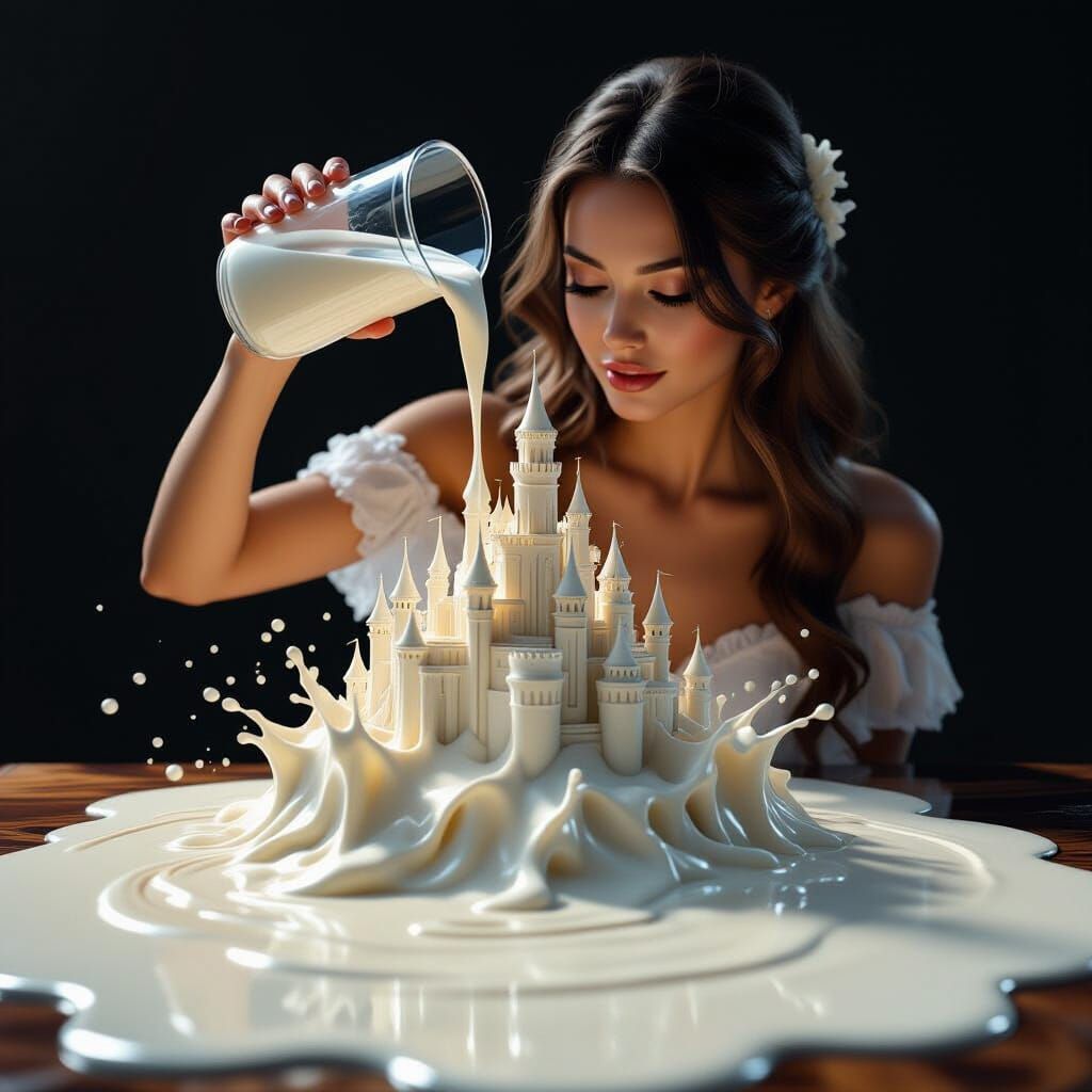 a beautiful woman dumping a glass of liquid milk it pours and spills it creates a beautiful milk castle ...  by @Cynthia Anderson