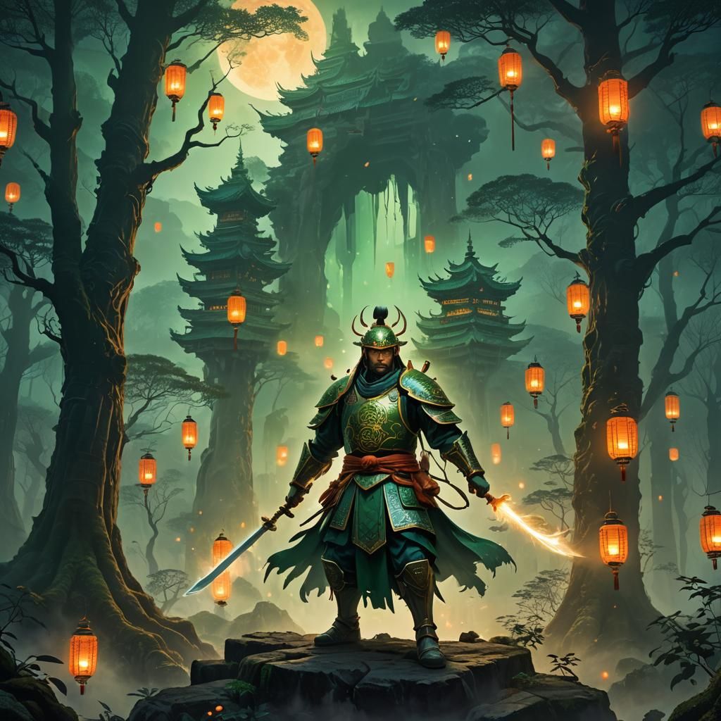 Mystical Asian Warrior in Emerald Forest with Lanterns