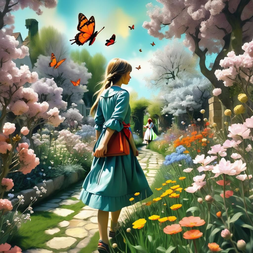 Girl in a flowering garden