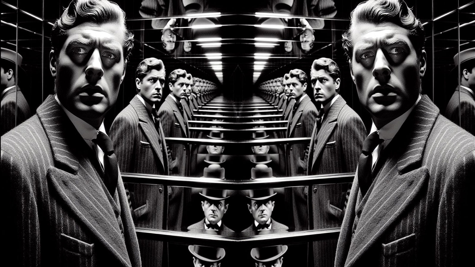 Film Noir. Mirror reflection. Low angle shot, Dutch angle shot, wide shot. A disorienting, off-kilter feeling.
