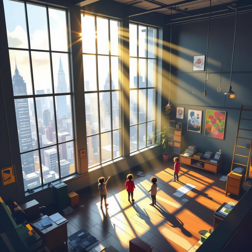 Children Play in Sunlit Top Floor of Tall Building