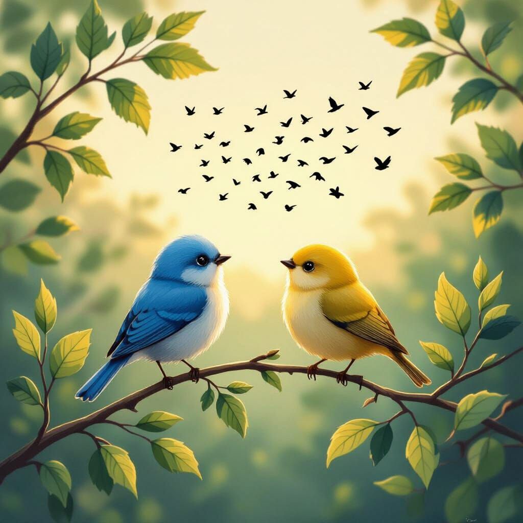 Two Bird Friends Watch Distant Flock at Sunset